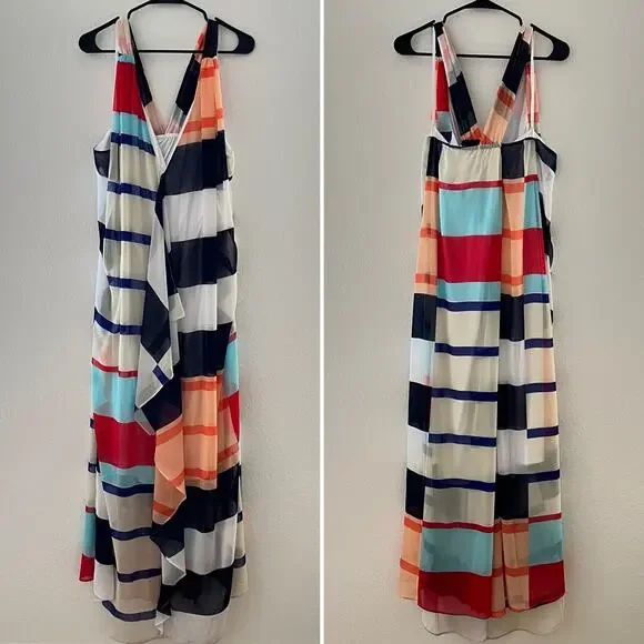 NWT Lane Bryant Cascade Striped Maxi Dress Chiffon Multicolor Cross Back Size 24 - Picture 3 of 14